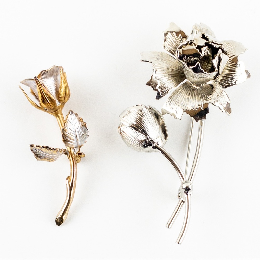 Floral Silver and Gold Brooch Set